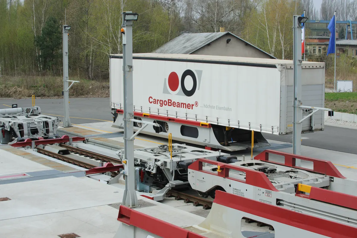 Semi-trailer being transferred onto a rail wagon at an intermodal terminal